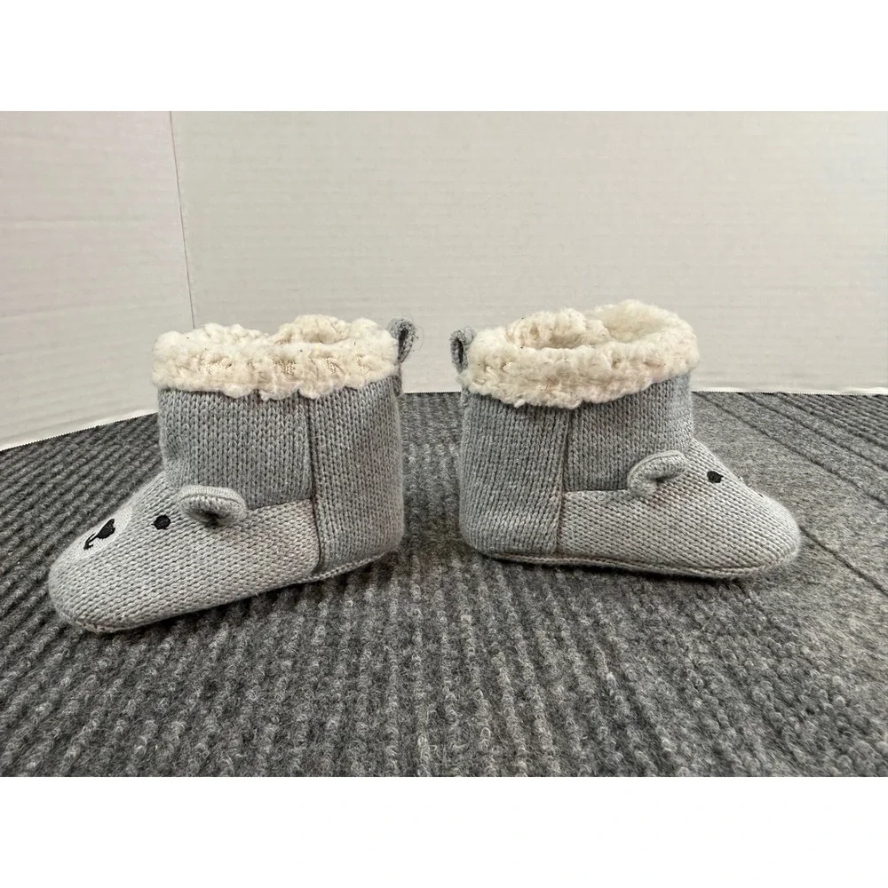 Just One You by Carters Baby Bear Knit Booties Grey Faux Shearling 0-3M